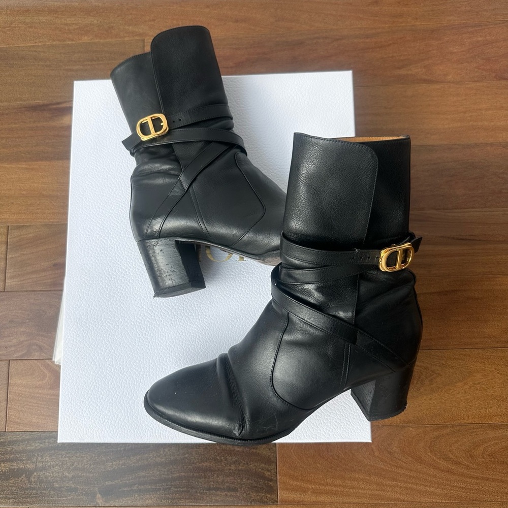 Christian Dior Black Ankle Boots with Gold Buckle